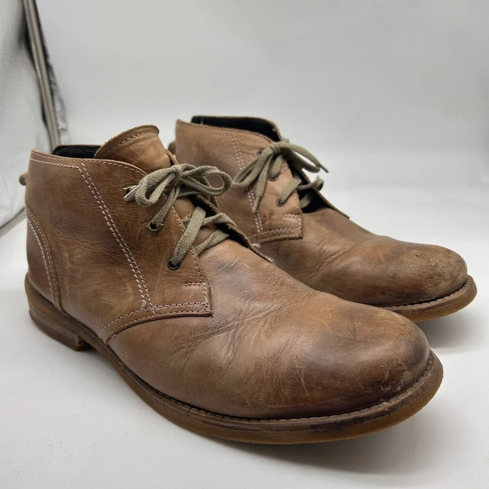 Bed Stu Mens Tan Distressed Leather Chukka Boots Lace Up Round Toe Size 11.5